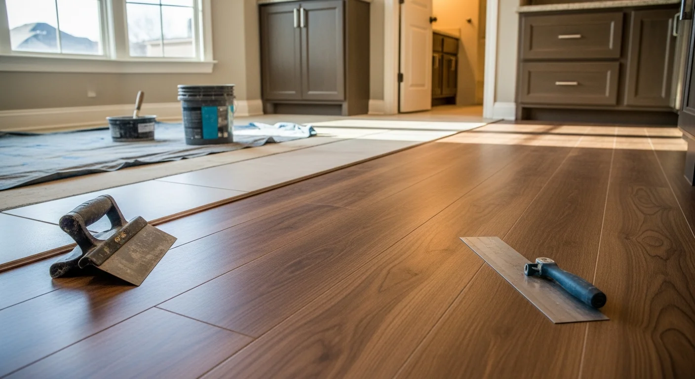 Professional flooring installation in residential kitchen