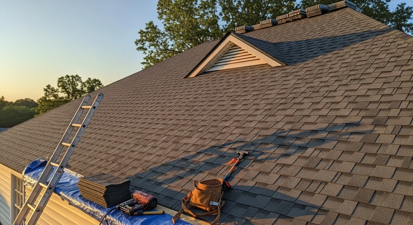 Roofing contractor installing new roof on residential home