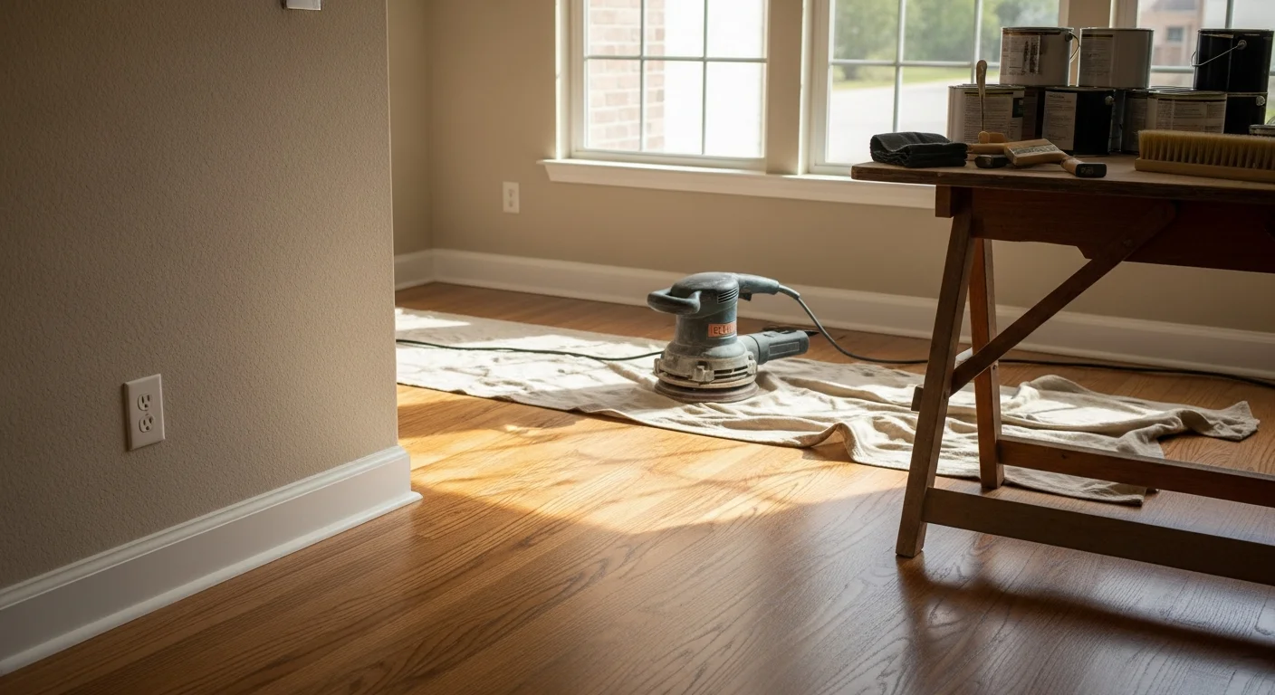 Freshly finished hardwood floor in a Fayetteville, NC home showing an even satin sheen across wide-plank boards in a sunlit living room. The surface is smooth and uniform with no visible scratches or worn patches after professional sanding and sealing by North Group LLC.