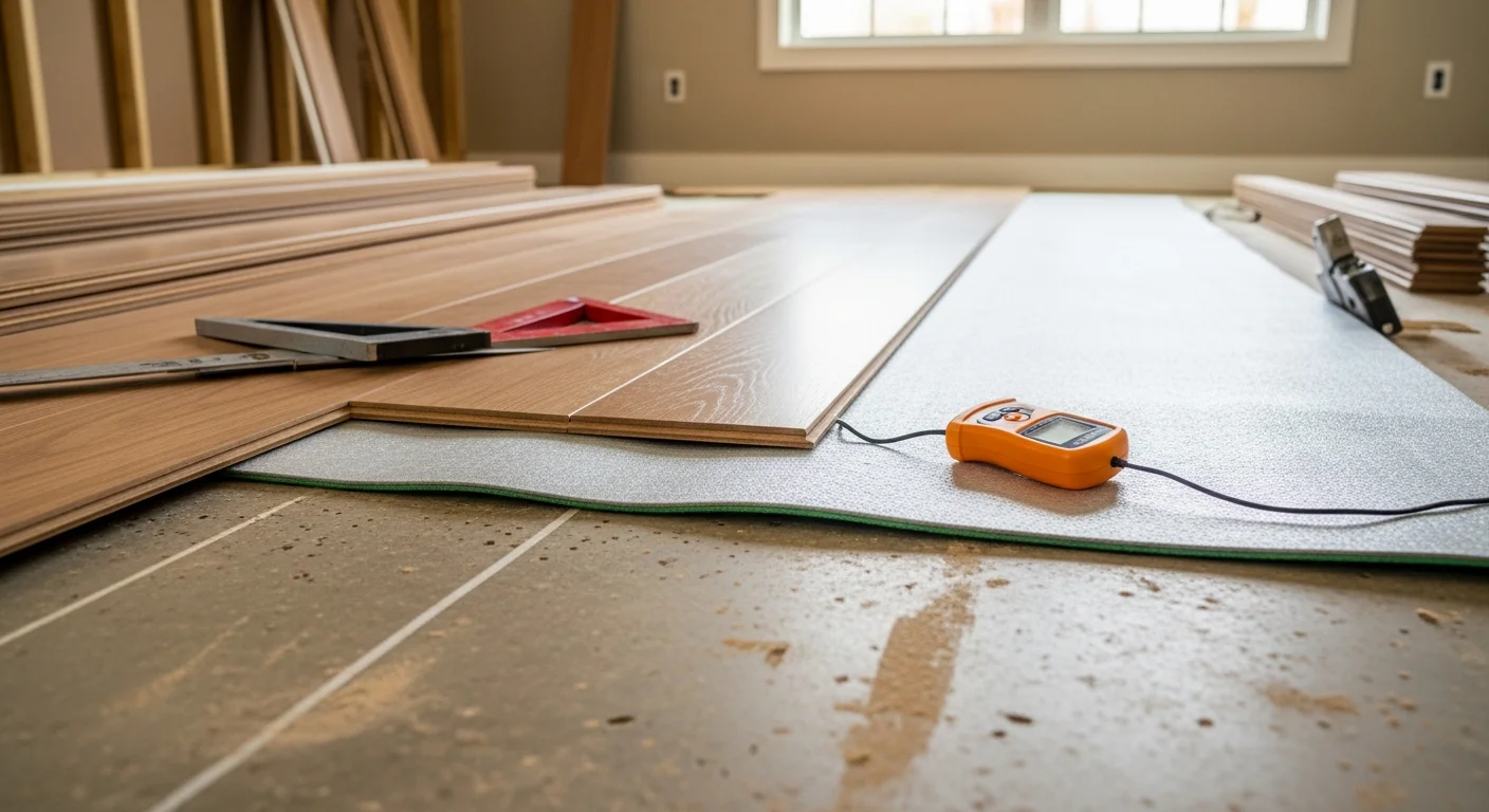 Freshly installed flooring in a single-family home in Fayetteville, NC, showing clean plank lines running through a main living area. The room is empty and well-lit, with smooth edges meeting the baseboards throughout.