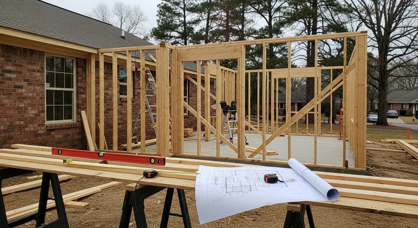 A completed single-story home addition on a brick ranch house in Fayetteville, NC, showing new exterior siding matched to the existing structure and a freshly framed roofline. The addition extends the rear of the home with a large window and clean trim detail.