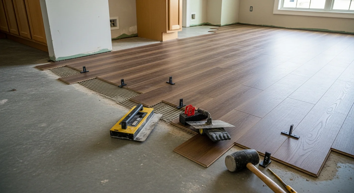 Freshly installed kitchen flooring in a Fayetteville single-family home, showing clean grout lines and a smooth, level surface extending from the cabinets to the kitchen doorway. The finished floor reflects natural light from a nearby window, with no visible seams or lifting edges.