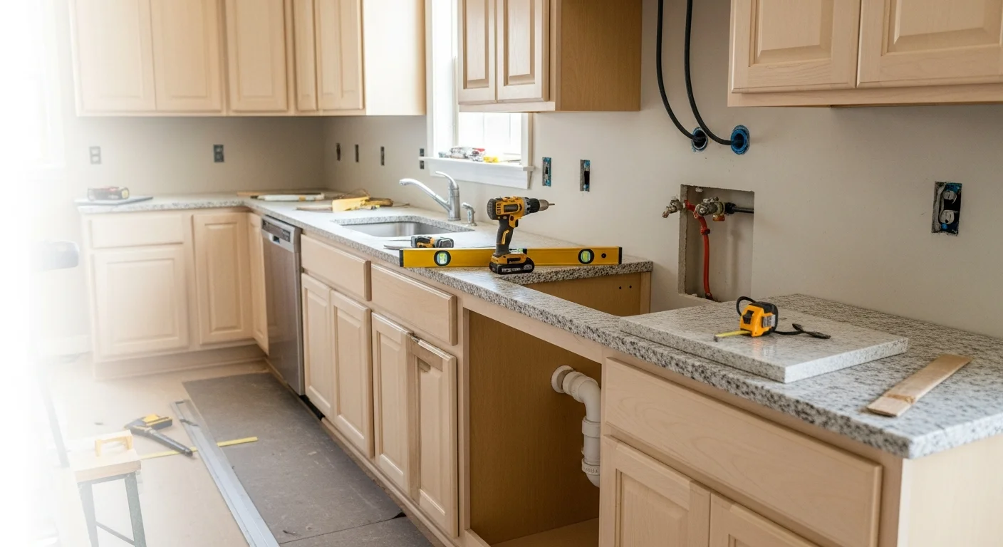 Renovated kitchen in a Fayetteville, NC home showing new cabinetry, updated countertops, and recessed lighting installed by North Group LLC. The open layout replaces a previously closed-off kitchen common in older Fayetteville residential builds.