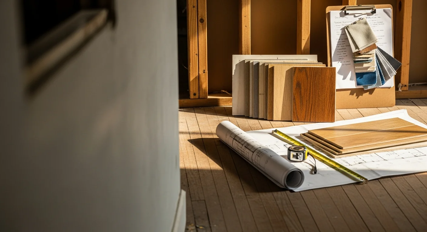 A general contractor reviewing remodeling plans with a homeowner inside a Fayetteville single-family home. Blueprints and a notepad are visible on a kitchen counter during the consultation walkthrough.
