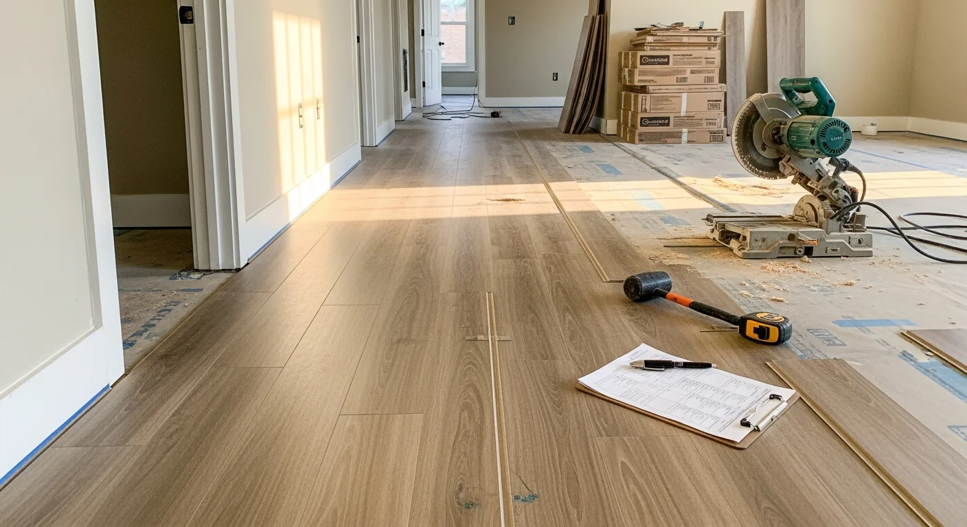 Freshly installed residential flooring in a Fayetteville, NC home, showing tight seams and a clean finish across an open living area. The subfloor is fully covered with evenly laid planks running the length of the room.
