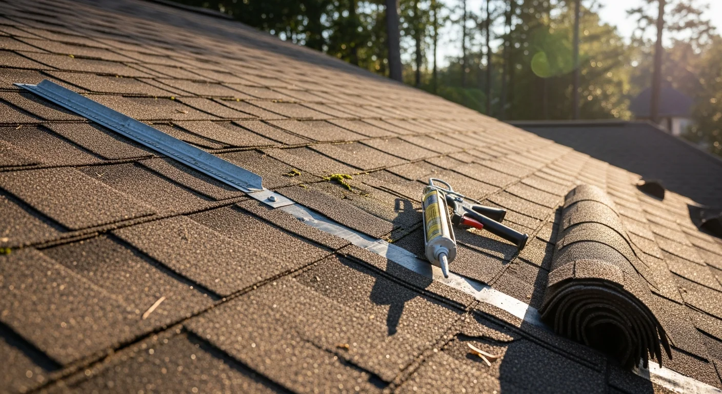 A completed residential roof replacement on a single-family home in Fayetteville, NC, showing clean shingle lines and new flashing along the ridge and eaves. The surrounding yard includes mature trees typical of Cumberland County neighborhoods.