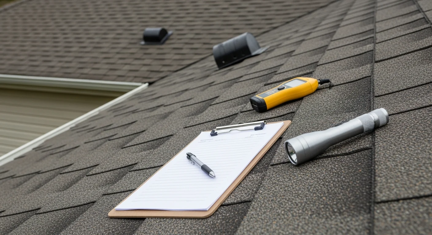 A North Group LLC roofing contractor inspecting the shingle surface and flashing of a residential roof in Fayetteville, NC. The inspector examines the ridge line and gutter edge of a single-story home under clear Carolina skies.