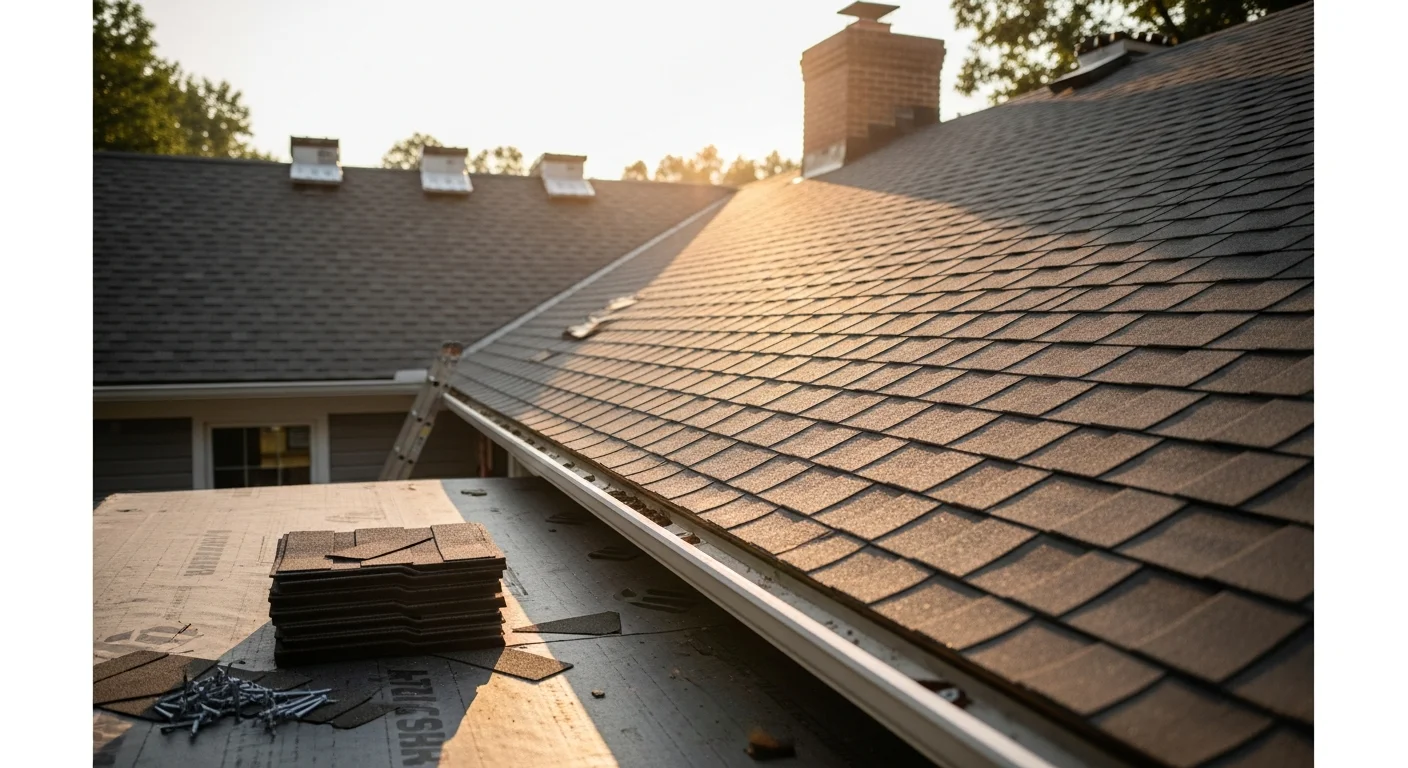 A newly installed residential roof on a single-story home in Fayetteville, North Carolina, showing clean ridge lines, uniform shingle courses, and finished flashing at the edges. The surrounding neighborhood reflects typical Cumberland County residential housing.