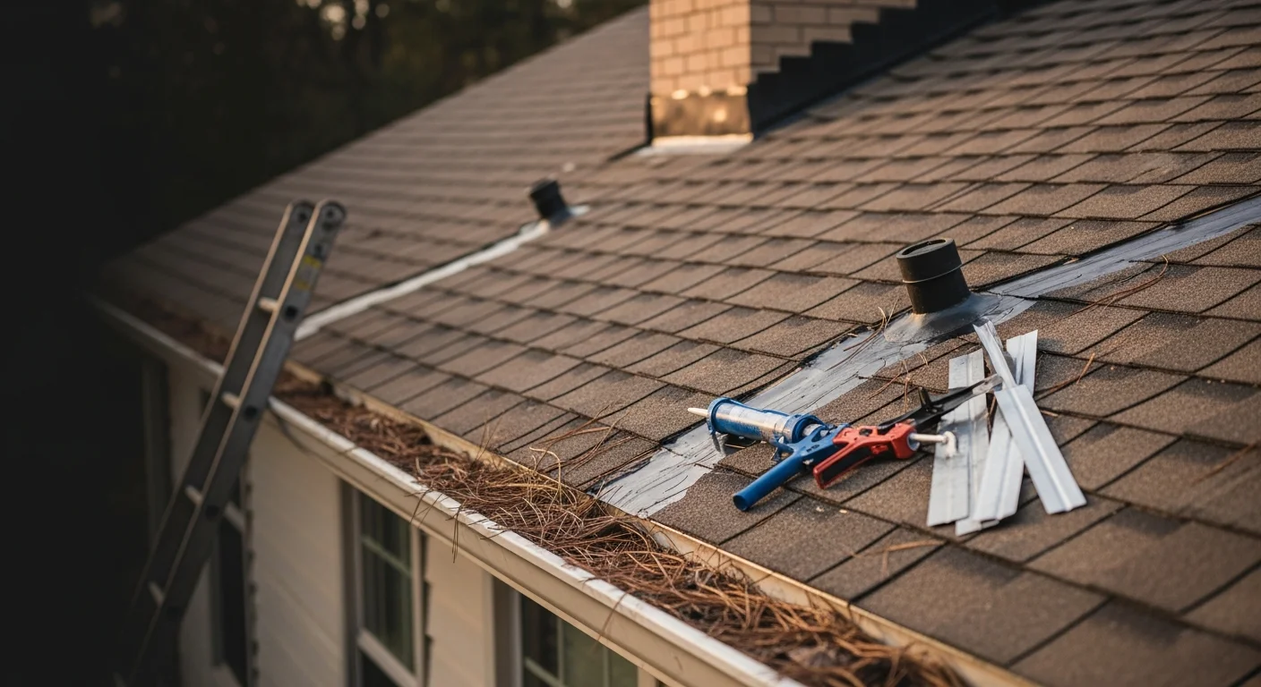 A residential roof in Fayetteville, NC showing a completed shingle repair on a section of storm-damaged roofing. A contractor from North Group LLC inspects the finished repair area from the rooftop.