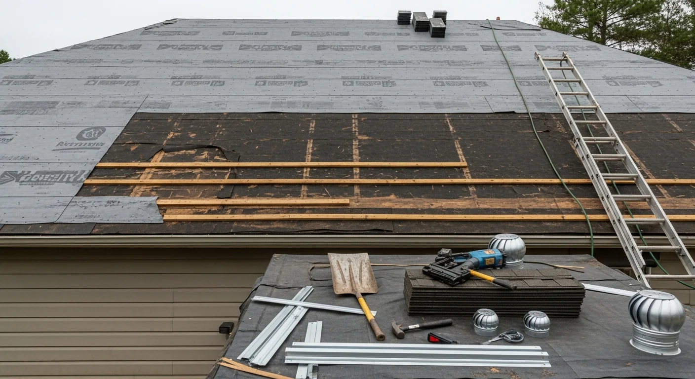 A completed residential roof replacement on a single-family home in Fayetteville, North Carolina, showing new roofing materials, clean ridge lines, and finished flashing against a clear sky. The home sits in a Cumberland County neighborhood typical of the Fayetteville area.