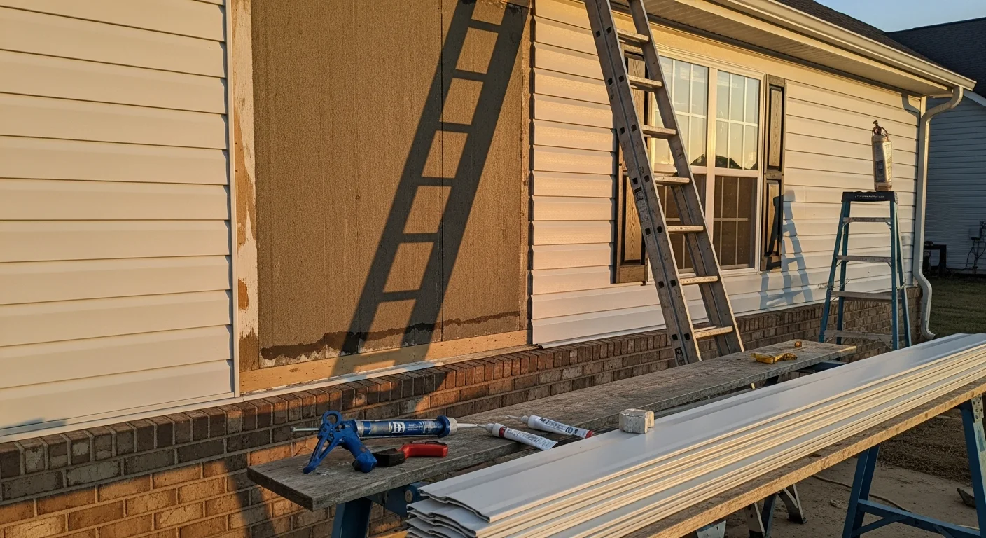 A Fayetteville, NC home exterior showing repaired siding panels with clean seams and no visible cracks or warping. A siding contractor inspects the finished wall surface on a residential property in Cumberland County.